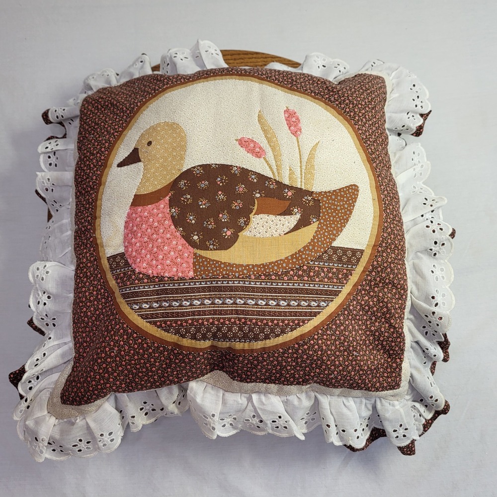 Handmade Throw Pillow Patchwork Mallard Duck Floral Eyelet Lace Ruffle Brown 17"
